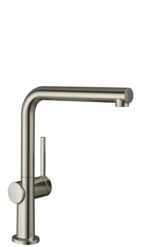 Hansgrohe Spültischmischer in Edelstahl-Optik mit geradem Auslauf und seitlichem Hebel zur Wasserregulierung, auf weißem Hintergrund abgebildet.